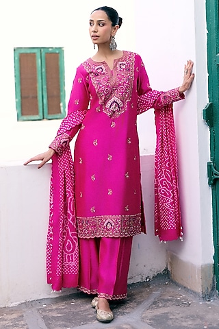 Rani Pink Silk Resham & Sequins Embroidered Kurta Set by Pink City By Sarika