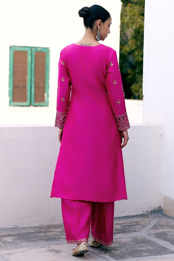 Rani Pink Silk Resham & Sequins Embroidered Kurta Set by Pink City By Sarika at Pernia's Pop Up Shop