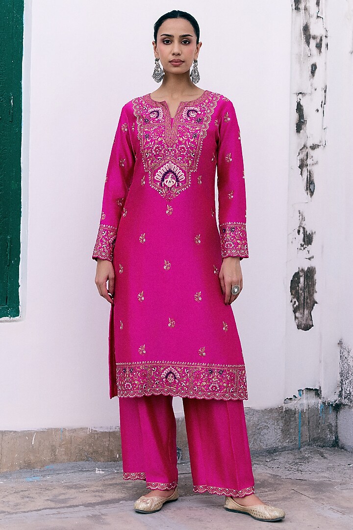 Rani Pink Silk Resham & Sequins Embroidered Kurta Set by Pink City By Sarika at Pernia's Pop Up Shop