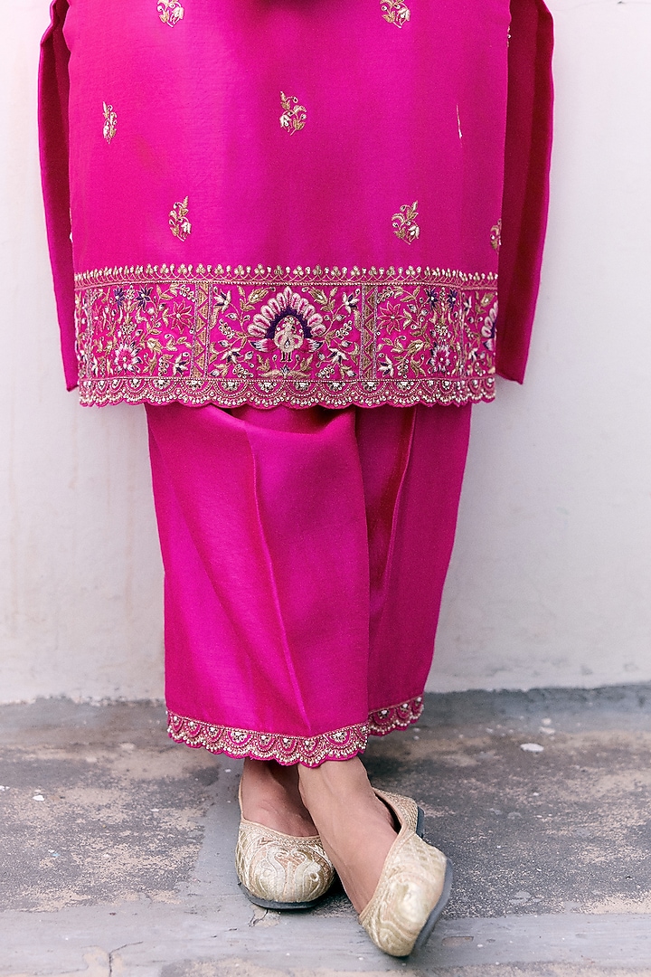 Rani Pink Silk Resham & Sequins Embroidered Kurta Set by Pink City By Sarika at Pernia's Pop Up Shop