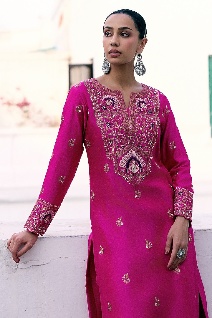 Rani Pink Silk Resham & Sequins Embroidered Kurta Set by Pink City By Sarika at Pernia's Pop Up Shop
