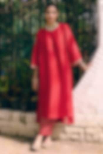 Red Silk Embroidered Kurta Set by Pink City By Sarika at Pernia's Pop Up Shop
