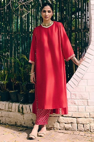 Red Silk Embroidered Kurta Set by Pink City By Sarika