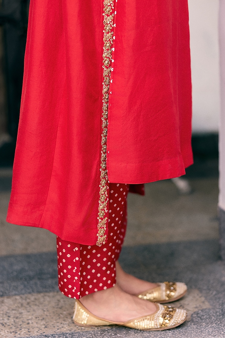 Red Silk Embroidered Kurta Set by Pink City By Sarika at Pernia's Pop Up Shop