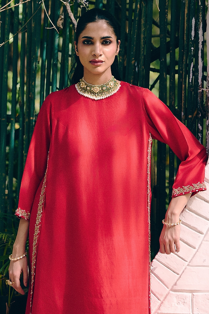 Red Silk Embroidered Kurta Set by Pink City By Sarika at Pernia's Pop Up Shop