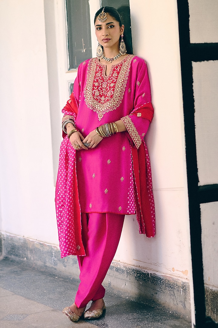 Rani Pink Silk Resham Embroidered Kurta Set by Pink City By Sarika at Pernia's Pop Up Shop