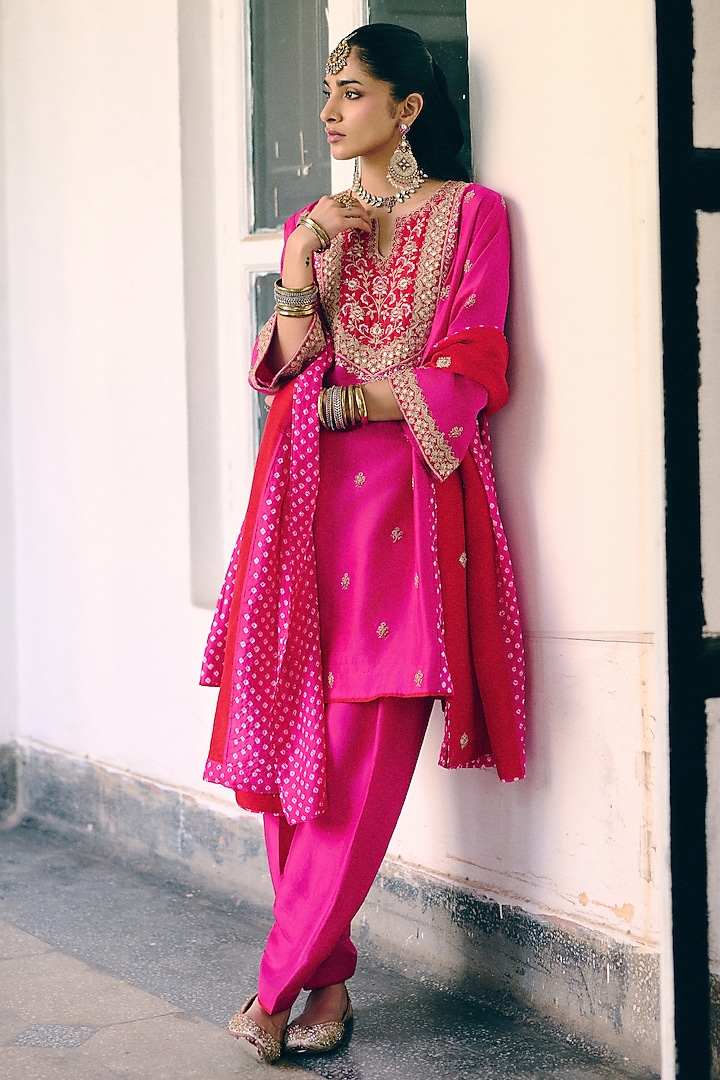 Rani Pink Silk Resham Embroidered Kurta Set by Pink City By Sarika at Pernia's Pop Up Shop
