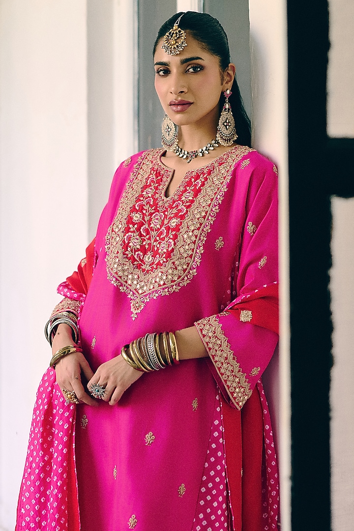 Rani Pink Silk Resham Embroidered Kurta Set by Pink City By Sarika at Pernia's Pop Up Shop