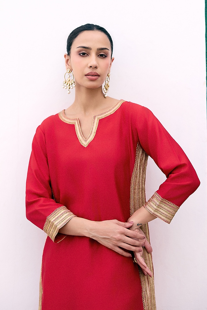 Crimson Silk Zari Embroidered Kurta Set by Pink City By Sarika at Pernia's Pop Up Shop