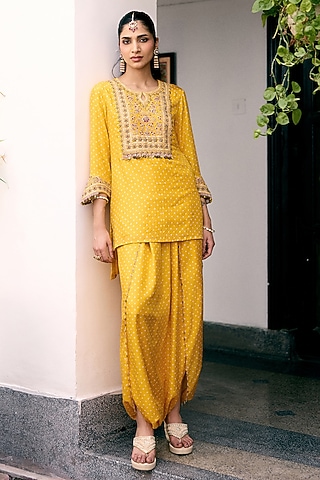 Yellow Silk Resham Embroidered Kurta Set by Pink City By Sarika
