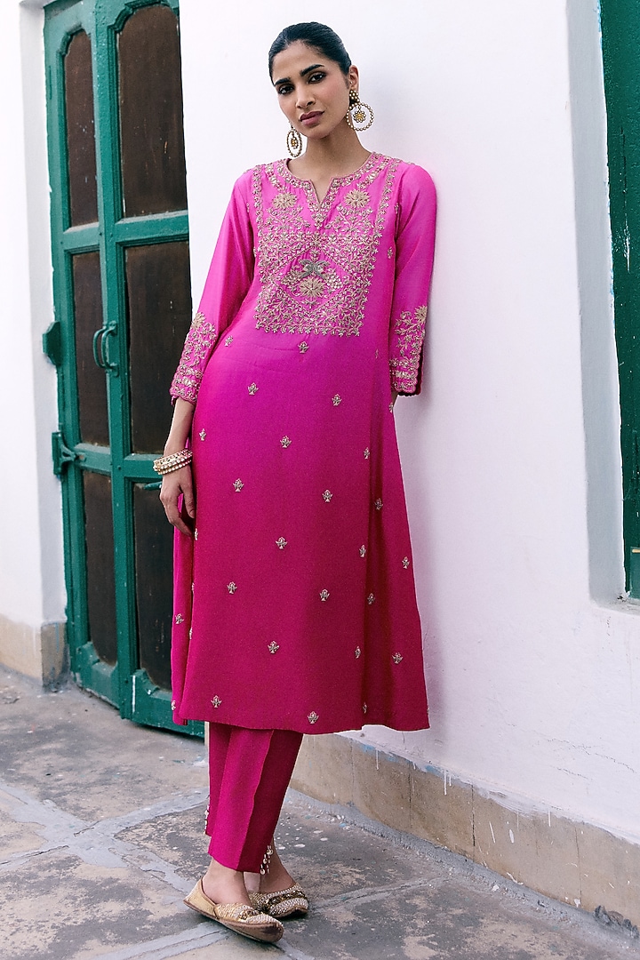 Fuchsia Ombre Silk Chanderi Resham Embroidered Kurta Set by Pink City By Sarika at Pernia's Pop Up Shop