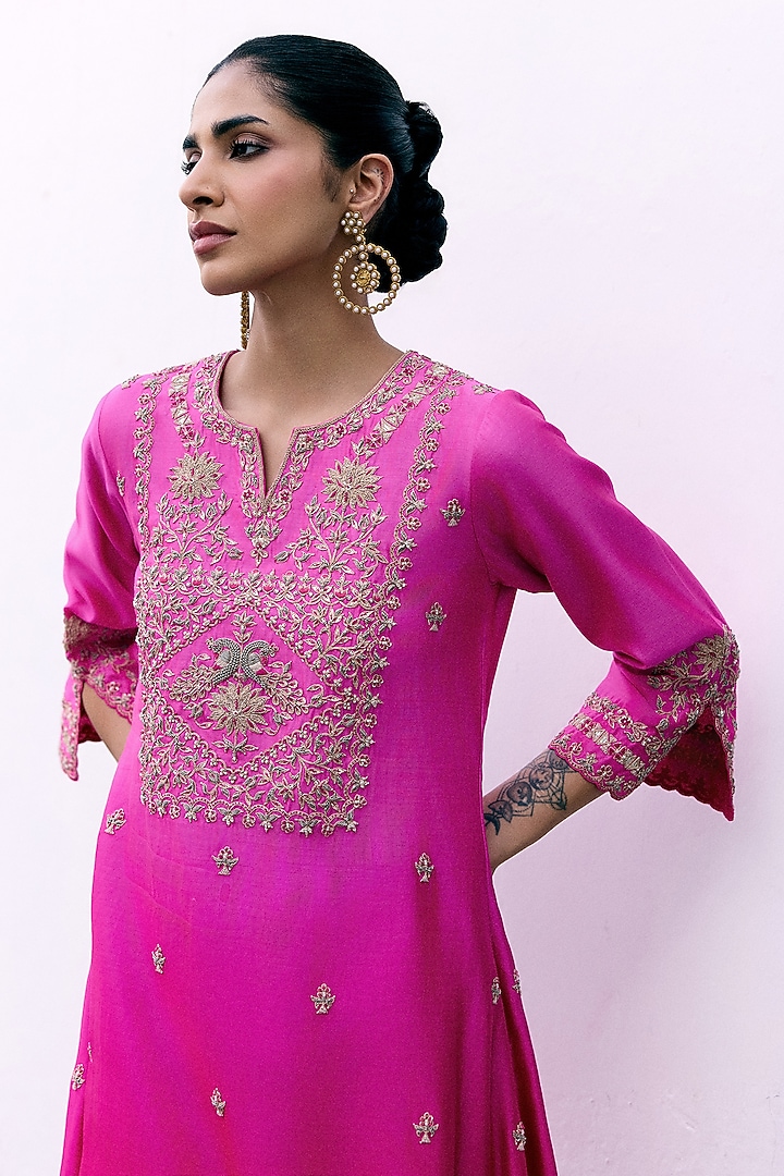 Fuchsia Ombre Silk Chanderi Resham Embroidered Kurta Set by Pink City By Sarika at Pernia's Pop Up Shop