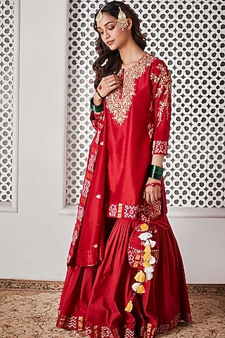 Red Organic Cotton Hand Embroidered Gharara Set by Pink City By Sarika
