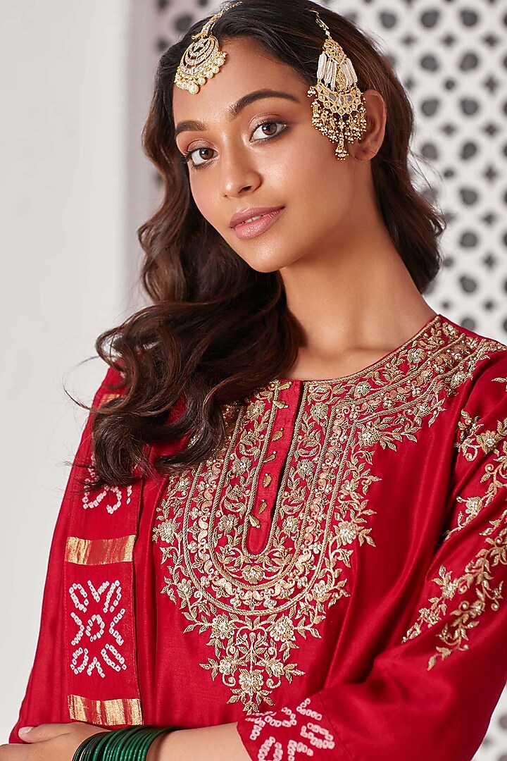 Red Organic Cotton Hand Embroidered Gharara Set by Pink City By Sarika at Pernia's Pop Up Shop