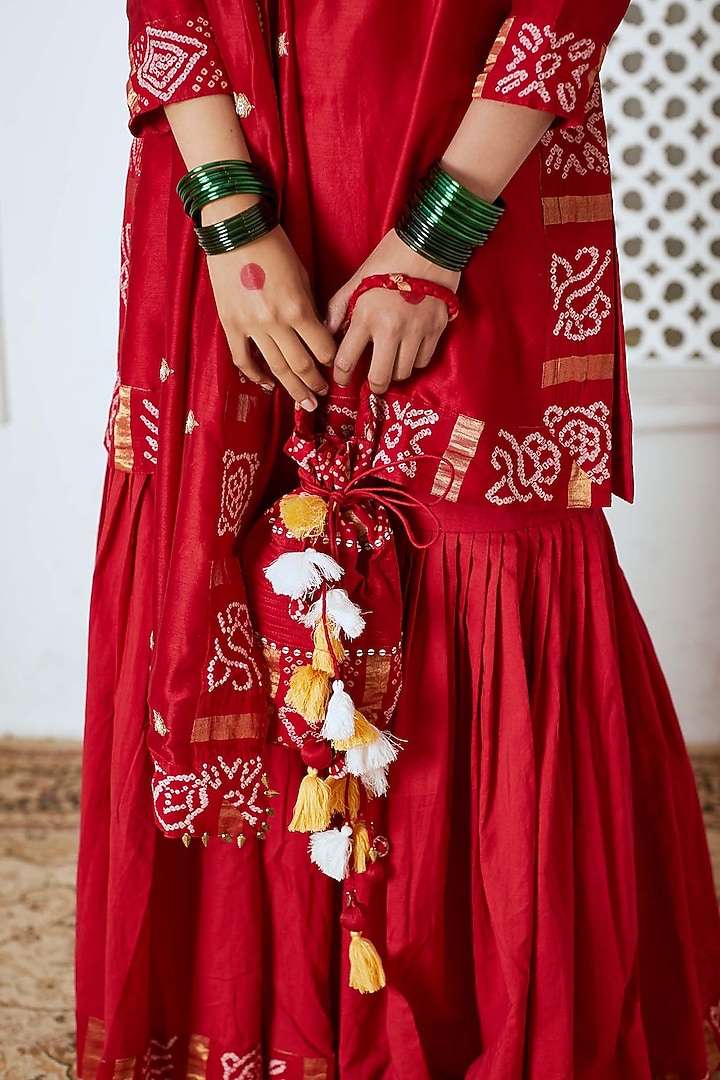 Red Organic Cotton Hand Embroidered Gharara Set by Pink City By Sarika at Pernia's Pop Up Shop