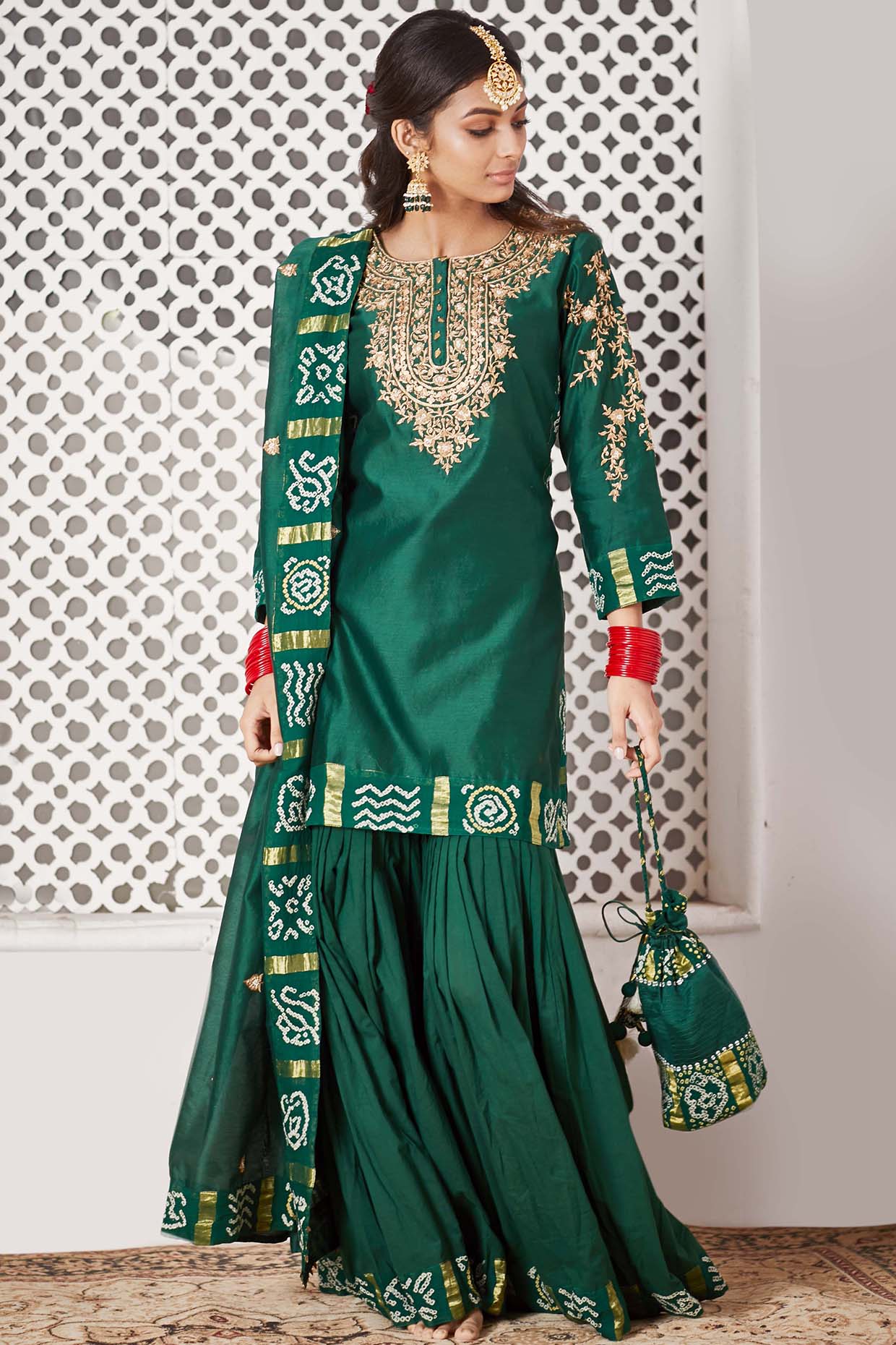Green Hand Embroidered Gharara Set by Pink City By Sarika