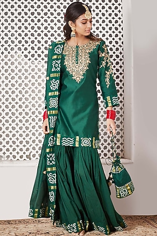 Red Organic Cotton Hand Embroidered Gharara Set by Pink City By Sarika