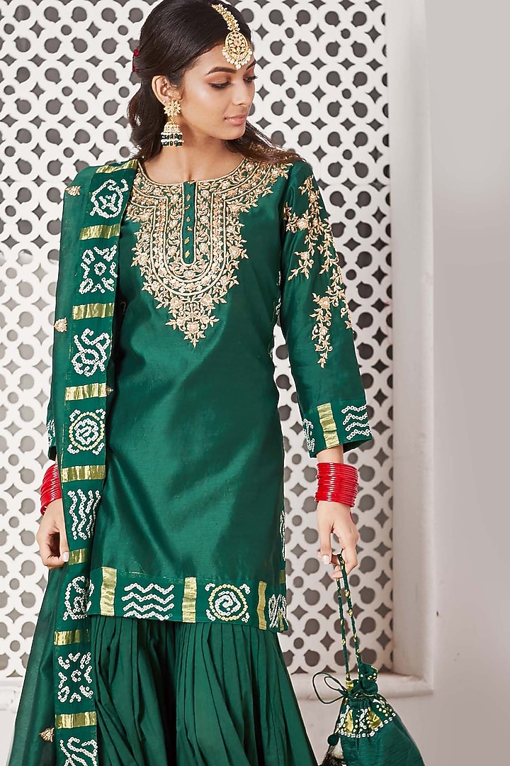 Red Organic Cotton Hand Embroidered Gharara Set by Pink City By