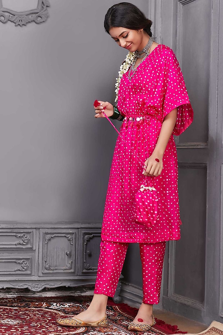 Hot Pink Silk Handcrafted Kaftan Set by Pink City By Sarika