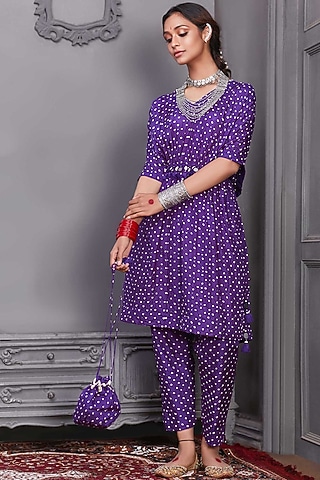 Purple Silk Handcrafted Kaftan Set by Pink City By Sarika