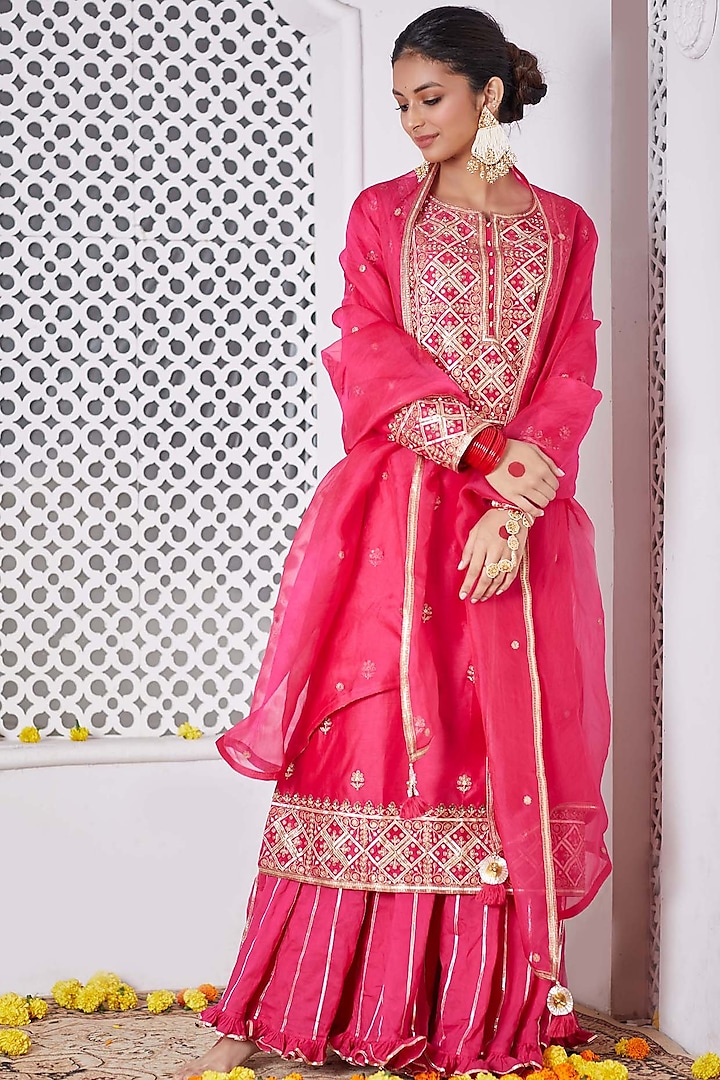 Hot Pink Silk Chanderi Sharara Set by Pink City By Sarika