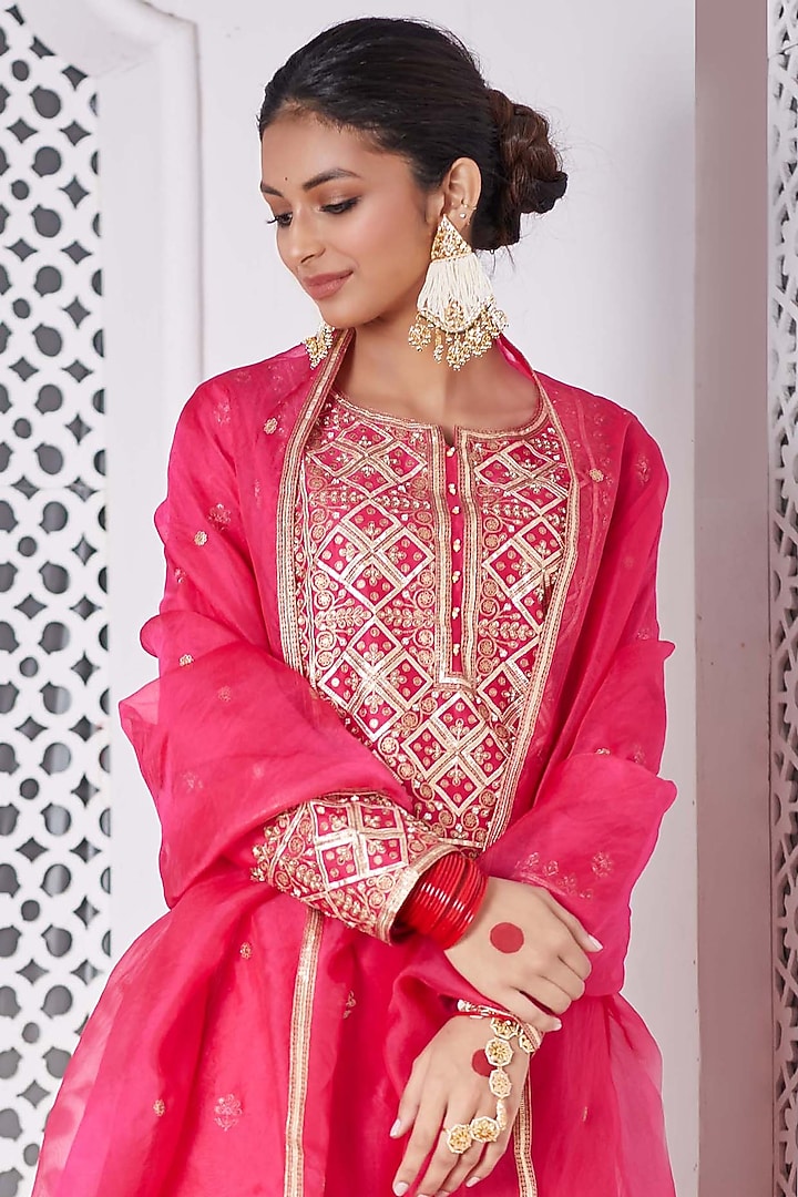 Hot Pink Silk Chanderi Wedding Sharara Set by Pink City By Sarika at Pernia's Pop Up Shop