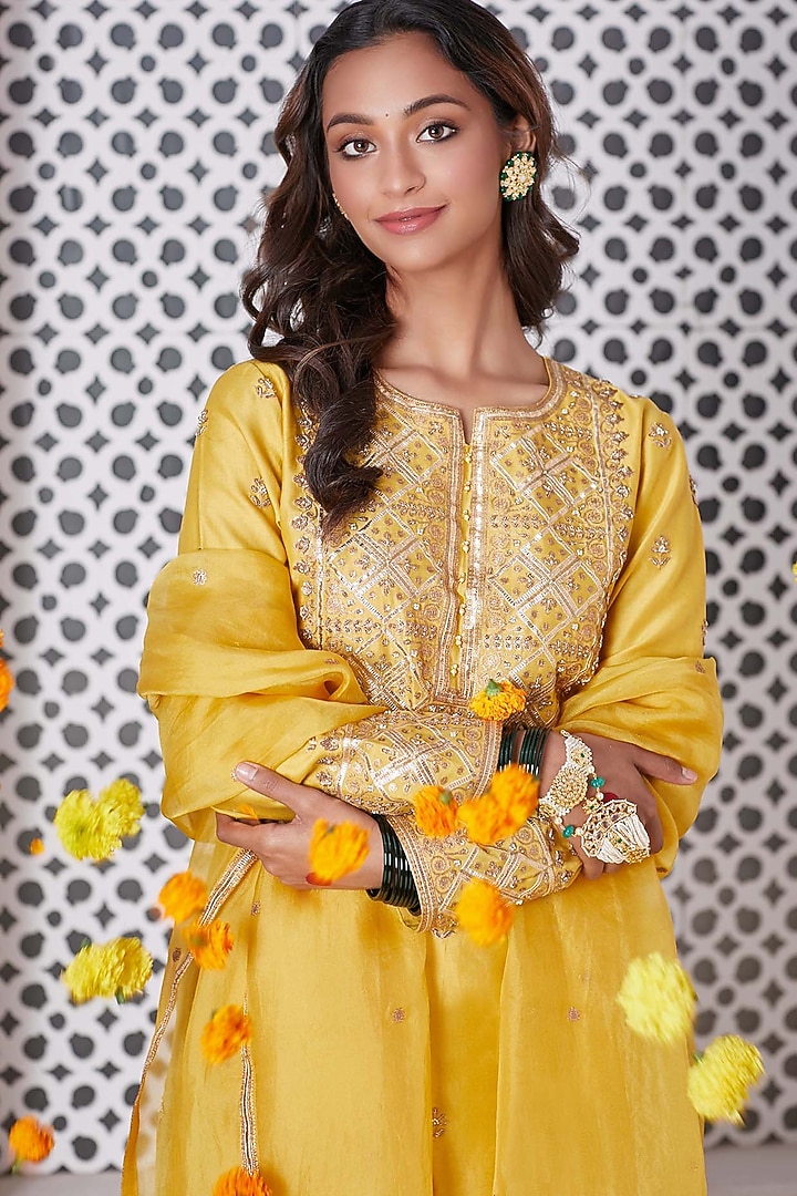 Mustard Silk Chanderi Wedding Sharara Set by Pink City By Sarika at Pernia's Pop Up Shop