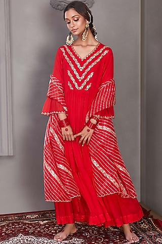 Red Chiffon Tiered Anarkali Set by Pink City By Sarika
