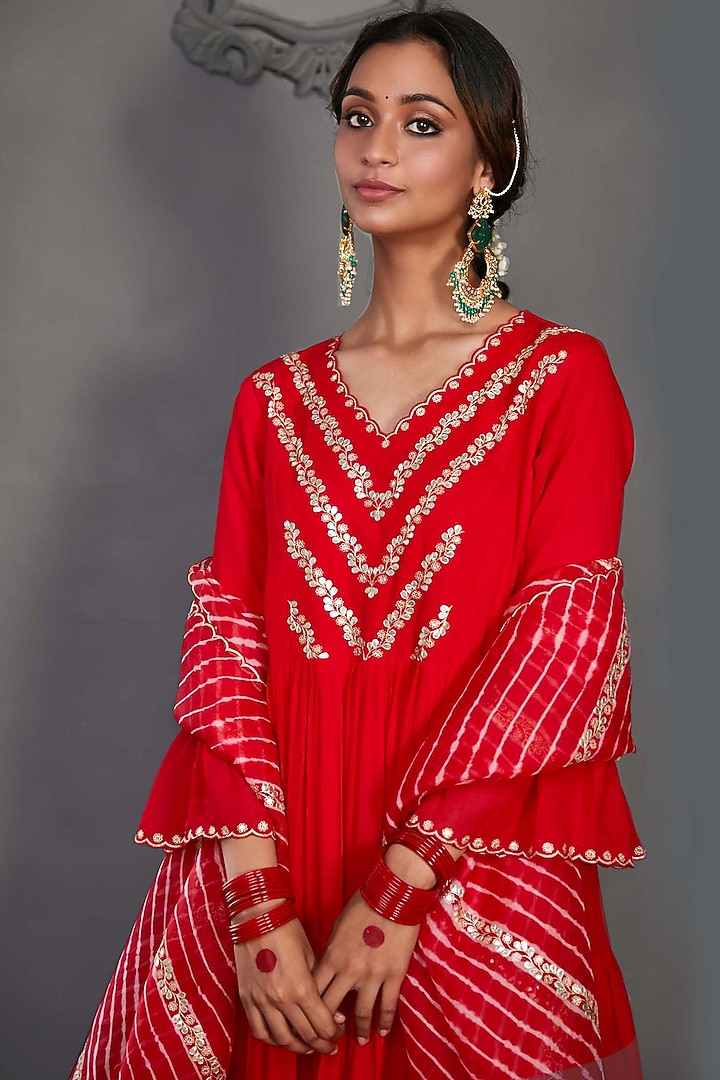 Red Chiffon Tiered Wedding Anarkali Set by Pink City By Sarika at Pernia's Pop Up Shop