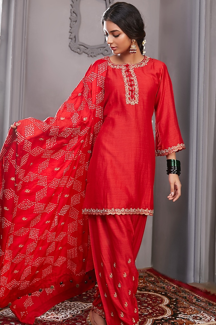 Red Moonga Silk Short Kurta Set by Pink City By Sarika at Pernia's Pop Up Shop