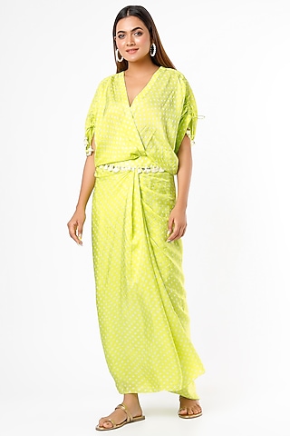 Lime Green Silk Printed Kaftan by Pink City By Sarika