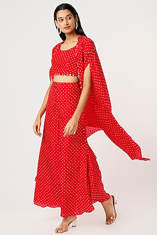 Red Hand Embroidered Cape Set by Pink City By Sarika