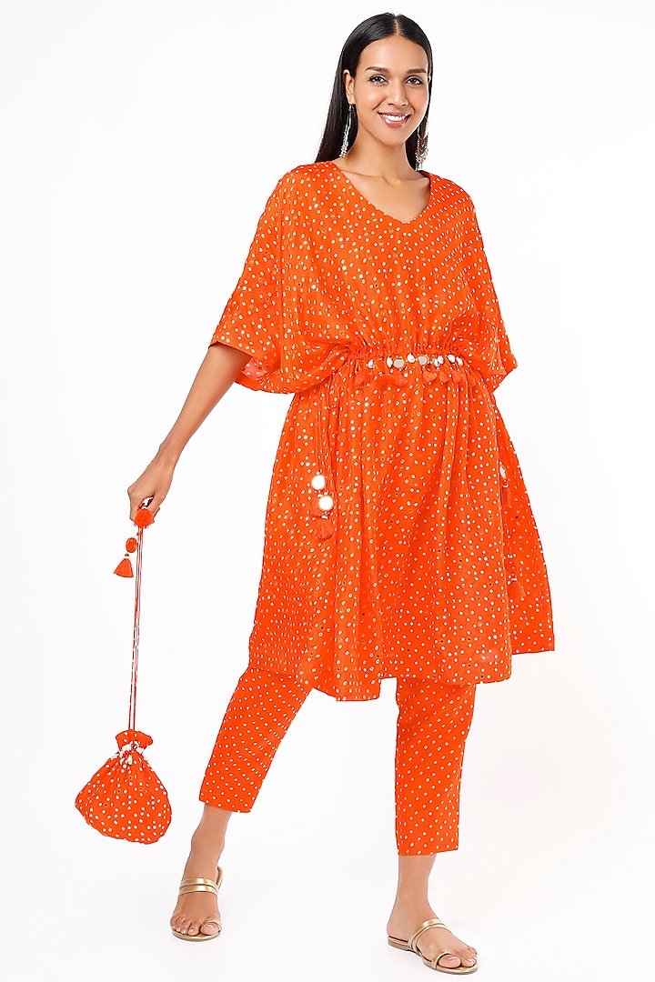 Orange Silk Kaftan Set Design by Pink City By Sarika at Pernia's Pop Up Shop 2024