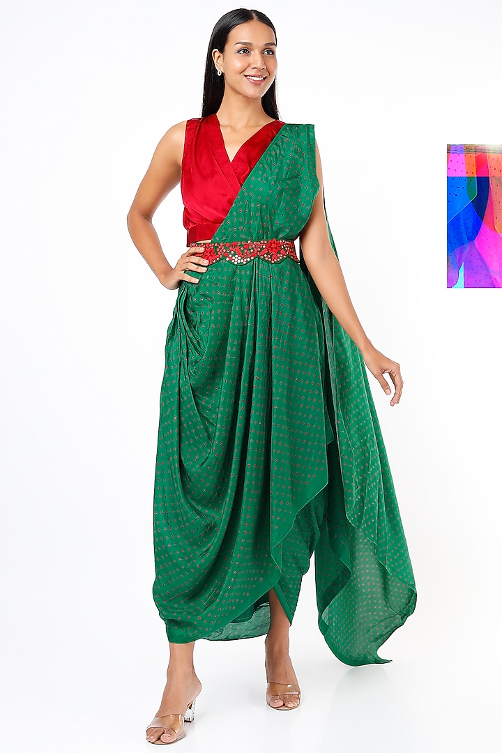 Emerald Green Silk Embellished Draped Saree Set by Pink City By Sarika