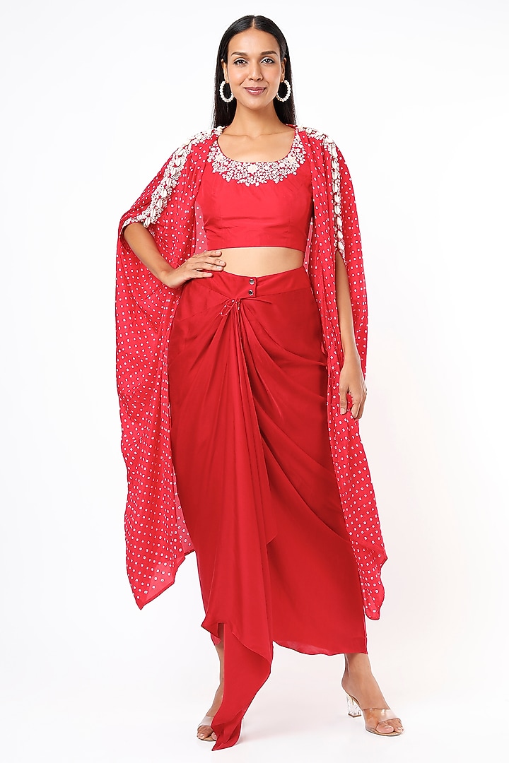 Red Cape Set With Shell Work by Pink City By Sarika at Pernia's Pop Up Shop