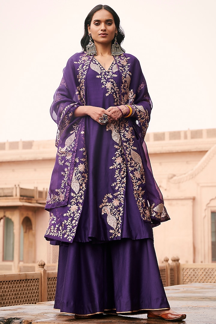 Aubergine Silk Chanderi Wedding Sharara Set by Pink City By Sarika at Pernia's Pop Up Shop