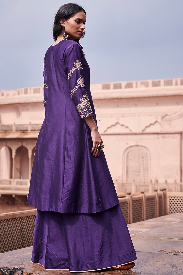 Aubergine Silk Chanderi Wedding Sharara Set by Pink City By Sarika at Pernia's Pop Up Shop