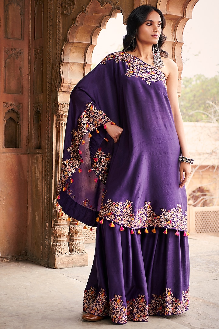 Purple Silk Embroidered Wedding Sharara Set by Pink City By Sarika at Pernia's Pop Up Shop