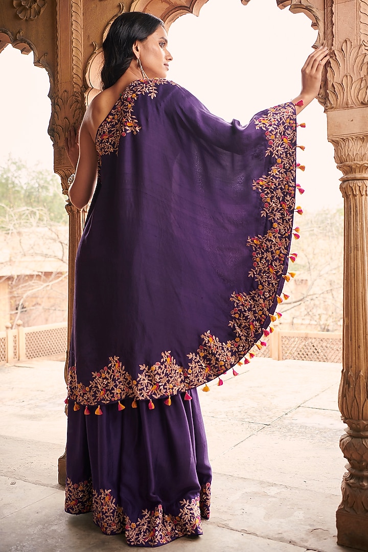 Purple Silk Embroidered Wedding Sharara Set by Pink City By Sarika at Pernia's Pop Up Shop