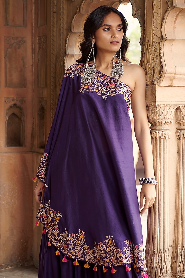 Purple Silk Embroidered Wedding Sharara Set by Pink City By Sarika at Pernia's Pop Up Shop