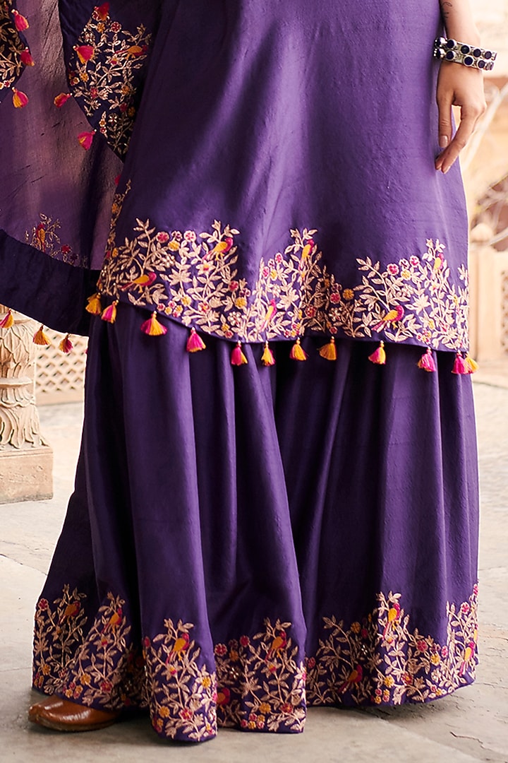 Purple Silk Embroidered Wedding Sharara Set by Pink City By Sarika at Pernia's Pop Up Shop