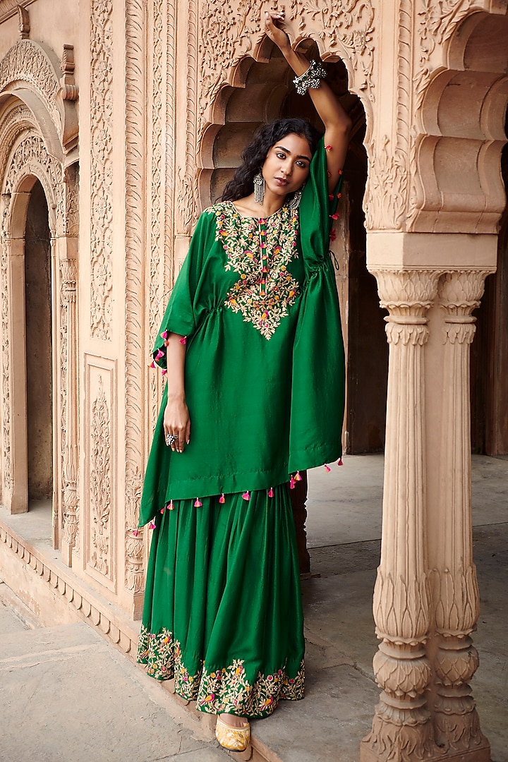 Green Silk Embroidered Sharara Set by Pink City By Sarika at Pernia's Pop Up Shop