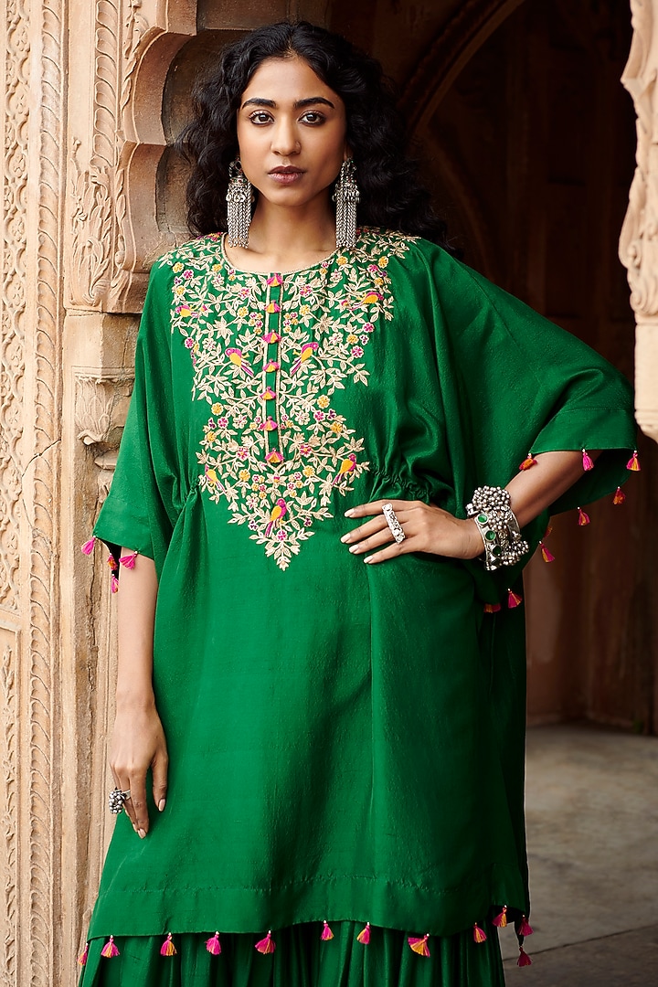 Green Silk Embroidered Wedding Sharara Set by Pink City By Sarika at Pernia's Pop Up Shop