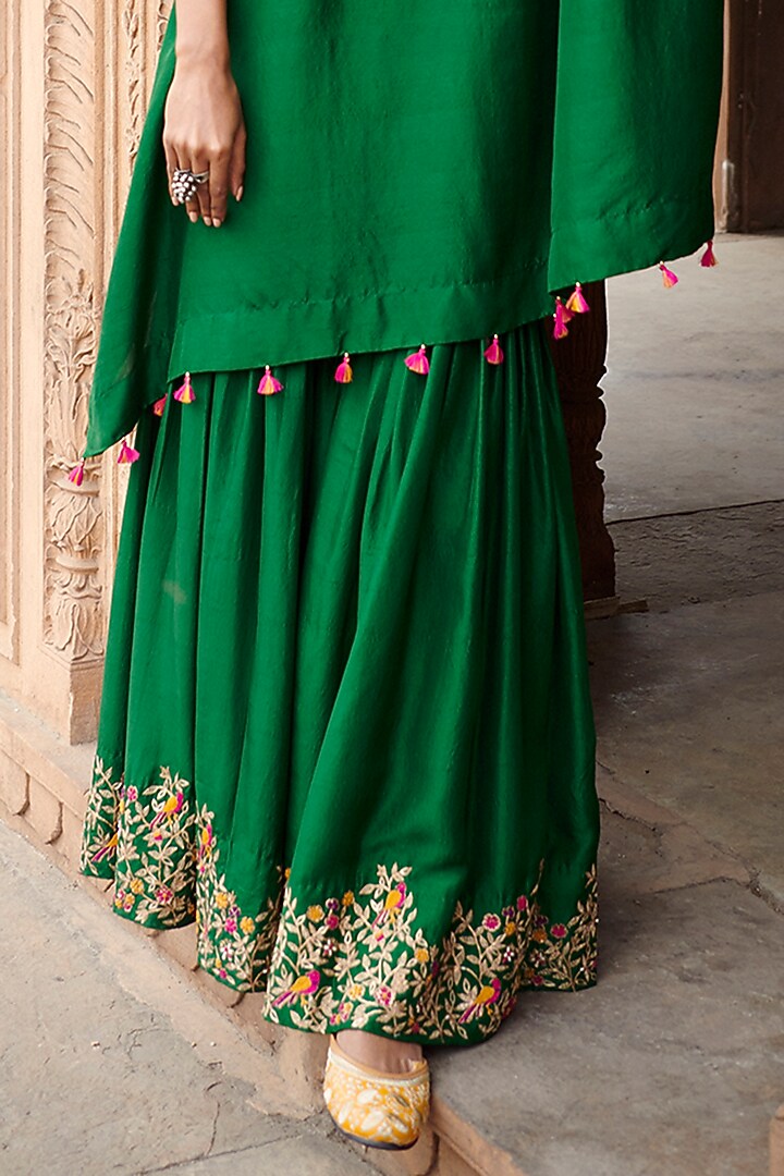 Green Silk Embroidered Wedding Sharara Set by Pink City By Sarika at Pernia's Pop Up Shop