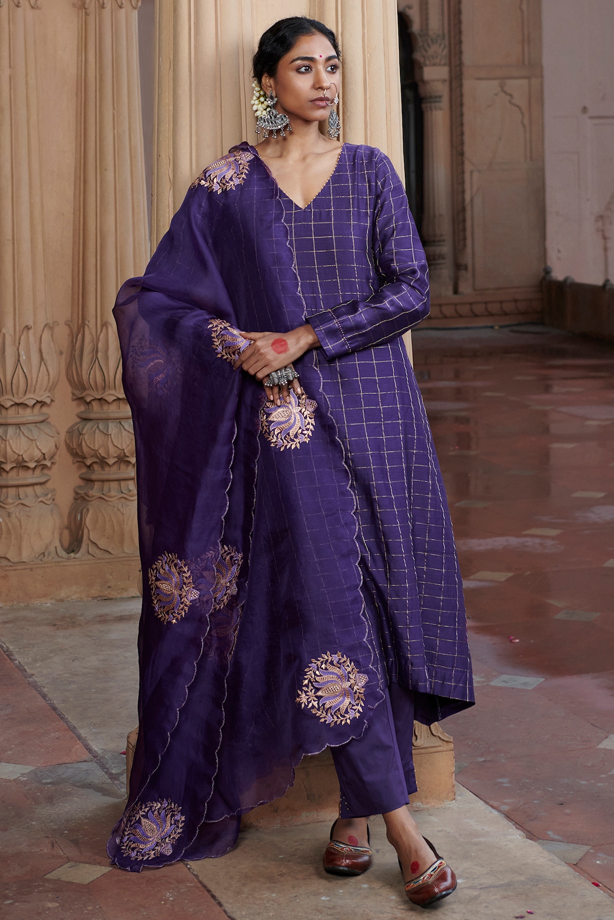 Purple Silk Chanderi Embroidered Kurta Set by Pink City By Sarika