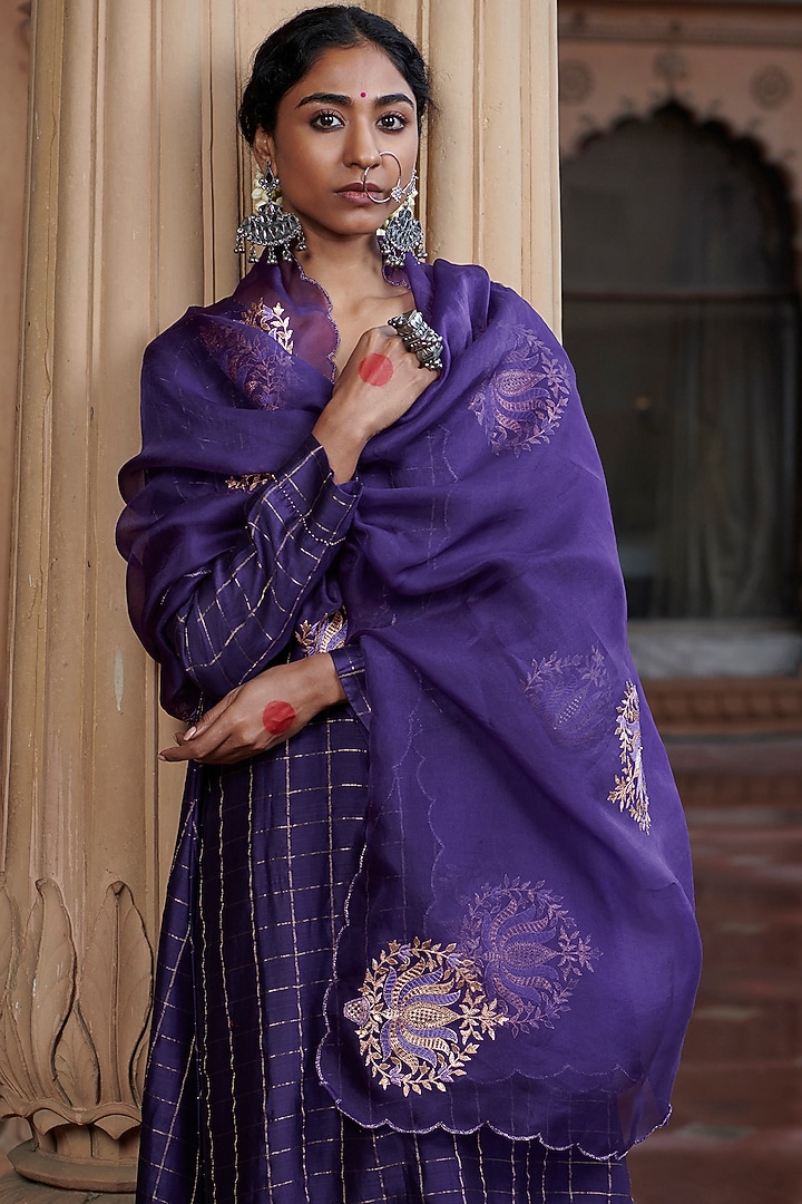 Purple Silk Chanderi Embroidered Kurta Set by Pink City By Sarika at Pernia's Pop Up Shop