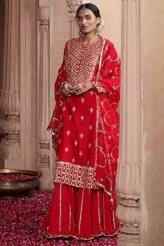 Red Organic Cotton Sharara Set by Pink City By Sarika