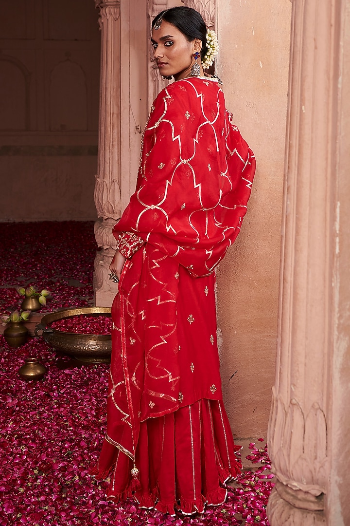Red Organic Cotton Wedding Sharara Set by Pink City By Sarika at Pernia's Pop Up Shop