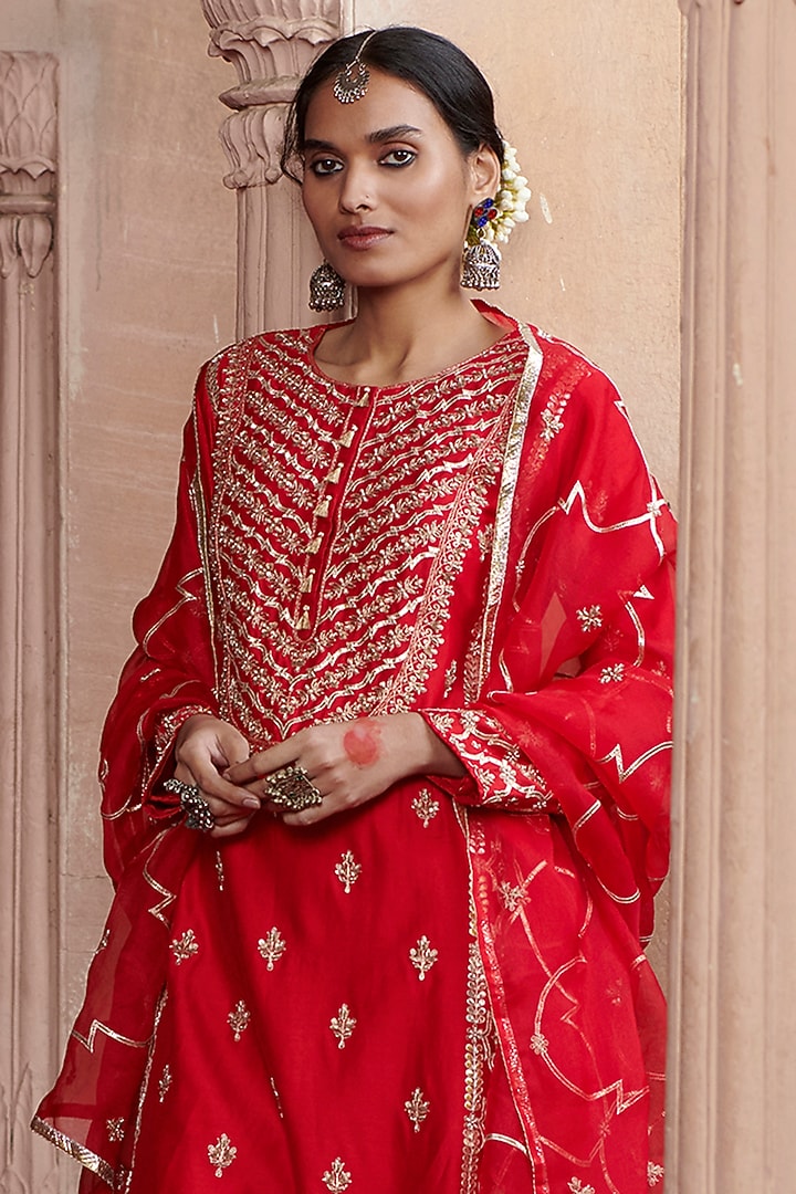 Red Organic Cotton Wedding Sharara Set by Pink City By Sarika at Pernia's Pop Up Shop