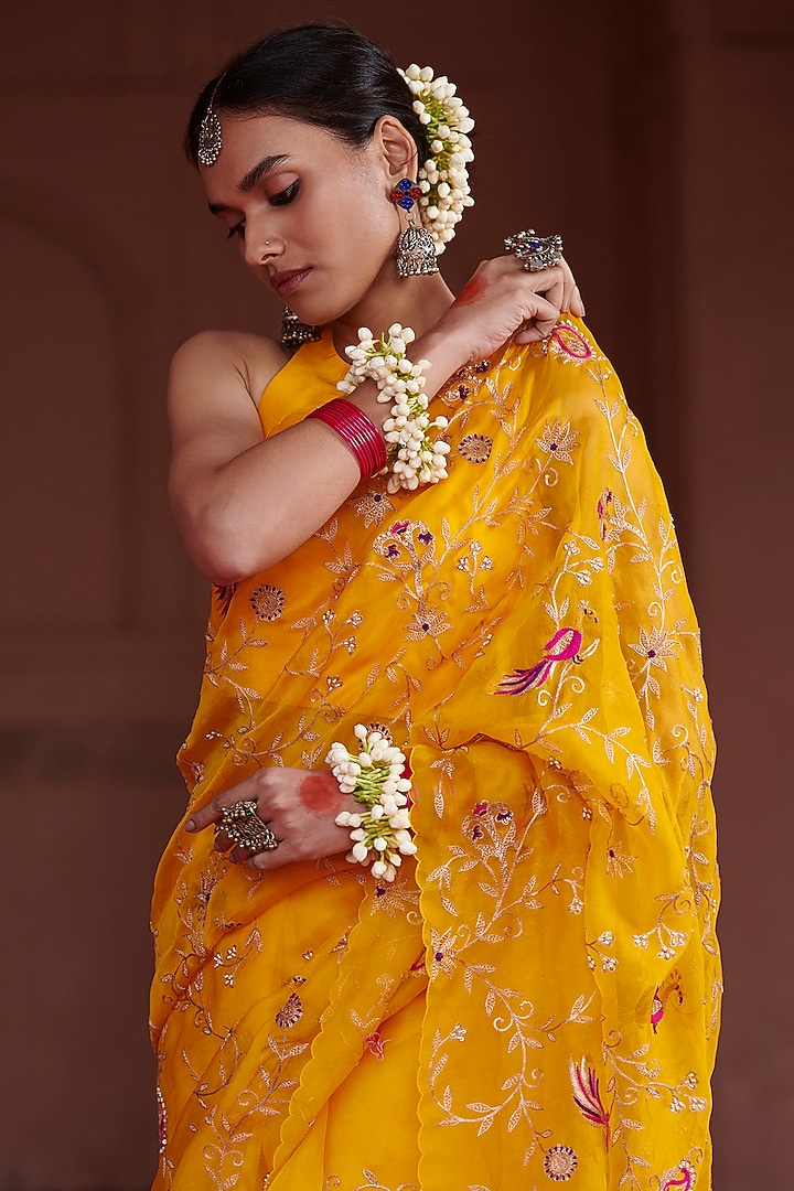Yellow Organza Embroidered Wedding Saree Set by Pink City By Sarika at Pernia's Pop Up Shop